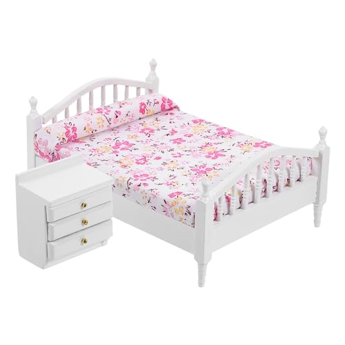 UPKOCH Puppenhaus-Möbel-Zubehör Miniatur-Bett Holzschrank Winzige Schlafzimmer-Möbel Spielzeuge Blumen-Puppenbett Min- -Zubehör B von UPKOCH