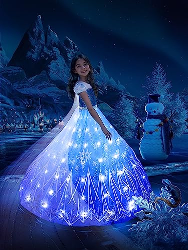 UPORPOR LED Kostüme Mädchen Kinder Kleid Karneval Schnee Prinzessin Halloween Eis Verkleidung Fee Märchen Verkleiden Party Geburtstag Blau Lila Ballkleid Hochzeit, 130 von UPORPOR