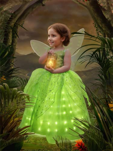 UPORPOR Leuchtendes Mädchen Halloween Kostüm für Kleinkinder, Feenkleid und Flügel, grüne Fee, Mädchenkostüm, Prinzessin, Ballkleid für Kinder von UPORPOR