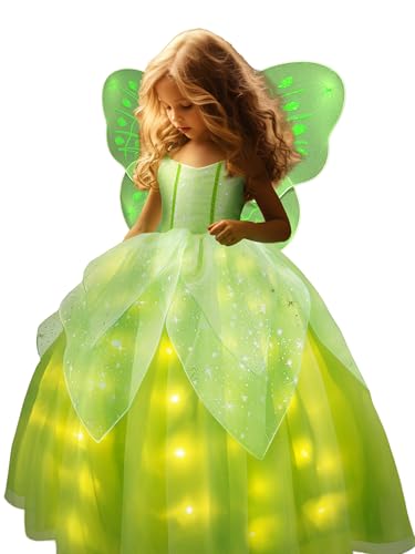 UPORPOR Prinzessin Kleid Mädchen, Leuchtendes Prinzessin Kostüm Mädchen, Feenkleid und Flügel, grüne Fee Kinder Halloween Karneval Party Cosplay Verkleidung Weihnachten Fest Geburtstag, 100 von UPORPOR