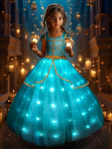 UPORPOR Leuchtendes Kostüm Mädchen, Prinzessin Kostüm Kleid für Mädchen, Halloween LED Kostüm für Teenager, Verkleidung Karneval Cosplay Geburtstags Party, Aqua, 100 von UPORPOR