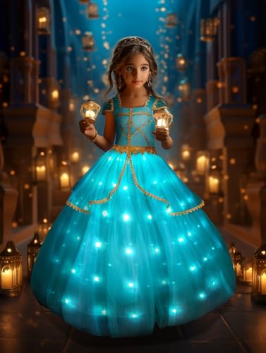 UPORPOR Leuchtendes Kostüm Mädchen, Prinzessin Kostüm Kleid für Mädchen, Halloween LED Kostüm für Teenager, Verkleidung Karneval Cosplay Geburtstags Party, Aqua, 110 von UPORPOR