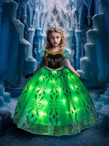 UPORPOR LED Leuchtendes Prinzessin Kostüm Mädchen, Ice Prinzessin Kleid Mädchen, Weihnachten für Mädchen, Karneval Halloween Eiskleid für Kinder, Grün von UPORPOR