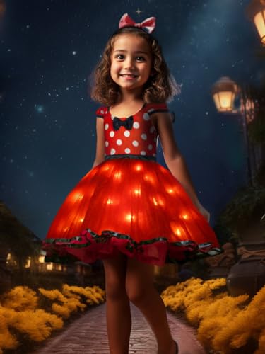UPORPOR LED Maus Mouse Kostüm für Mädchen Kinder, Karneval Prinzessin Kostüm Mädchen Kleinkind Rot Tutu mit weiß Gepunktet für Halloween Fasching Motto Cosplay Party Geburtstag von UPORPOR