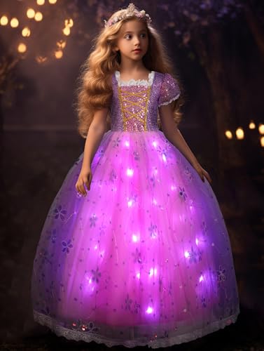 UPORPOR LED Leuchtendes Mädchen Prinzessin Kleid, Kinder Prinzessin Kostüm für Karneval Party Cosplay Verkleidung Halloween Fest Geburtstag, 120CM, Purple Rosa von UPORPOR