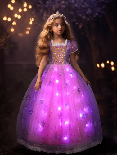 UPORPOR LED Leuchtendes Mädchen Prinzessin Kleid, Kinder Prinzessin Kostüm für Karneval Party Cosplay Verkleidung Halloween Fest Geburtstag, 150CM, Purple Rosa von UPORPOR