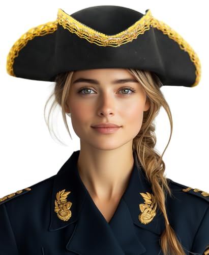 UQJE Authentischer Piratenhut für Damen, Erwachsene, Leder, Dreizackhut, Halloween, Kolonial-Kostüm, Accessoire, Schwarz / Gold von UQJE