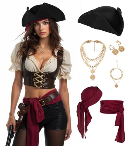 UQJE Authentischer Piratenhut für Damen, Erwachsenen-Leder-Dreihornhut, Halloween, Kolonial-Kostüm-Zubehör, schwarz 2, Einheitsgröße von UQJE