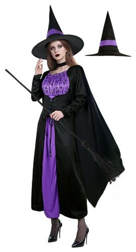 UQJE Damen Hexenkostüm Halloween Gothic Hexenkleid mit Hexen Umhang und bösen Hexen Hut - XL von UQJE