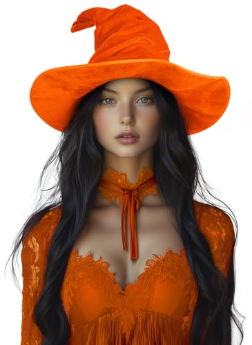 UQJE Wicked Hexenhut für Erwachsene, gerüschter Hexenhut, Halloween-Kostüm, Orange von UQJE