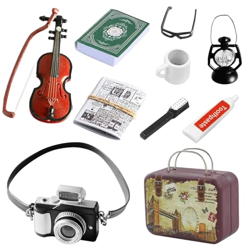 UQTUKO Miniatur Puppenhaus Zubehör, 10 Stück Miniatur Garten Deko 1:12 Puppenhaus Dekoration mit mini Kamera Lampe Gitarre Brille Zahnbürste Zahnpasta Zeitung Wichtel Zubehör Set von UQTUKO