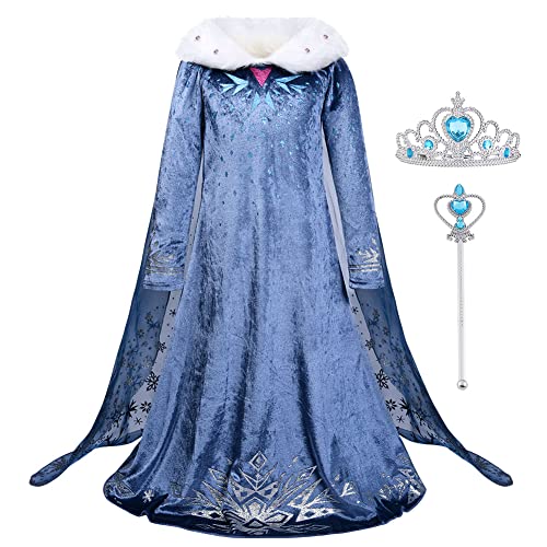 URAQT Anna Kostüm Mädchen, Langarm Anna und Elsa Kleid, Prinzessin Kostüm Mädchen mit Feenstab Krone, Elsa Kostüm Mädchen für Hochzeit Karneval Party Verkleidung Halloween Weihnachten Cosplay (140cm) von URAQT