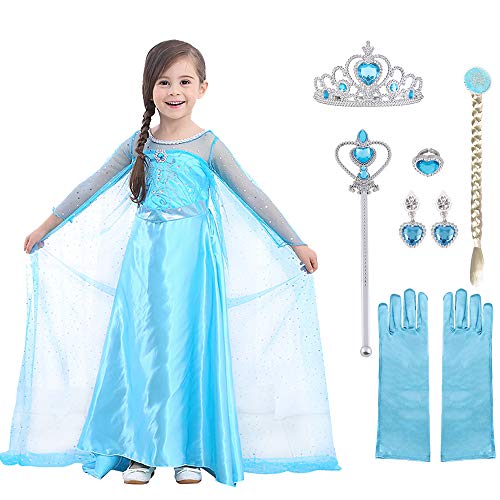 URAQT ELSA Kleid Prinzessin Kostüm Kinder Mädchen, ELSA Krone Kleid Kinder Kostüm 9-teiliges Set mit Diadem Handschuhe Zauberstab usw für Weihnachten Verkleidung Karneval Halloween Größe 100 von URAQT