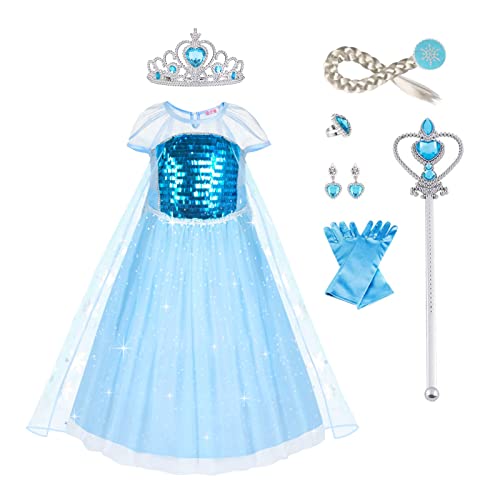 URAQT ELSA Kostüm Kinder, Prinzessin Kleid Mädchen, 9-teiliges Set ELSA Kleid Kinder mit Krone Handschuhe Zauberstab usw für Halloween Weihnachten Verkleidung Karneval von URAQT