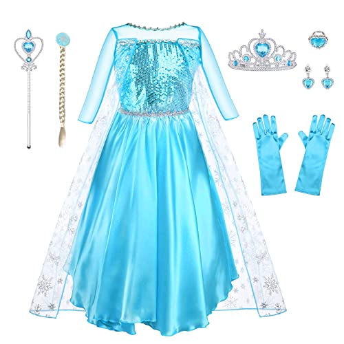 URAQT ELSA Kostüm Kinder Mädchen, 9-teiliges Set ELSA Kleid Kinder mit Krone Diadem Handschuhe Zauberstab für Weihnachten Verkleidung Karneval Halloween Geburtstag Party von URAQT