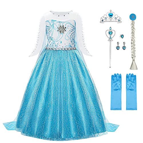 URAQT ELSA Kostüm Mädchen, ELSA Kinder Prinzessin Kleid 6-teiliges Set mit Krone Diadem Handschuhe Zauberstab usw für Weihnachten Verkleidung Karneval Halloween, Größe 140 von URAQT