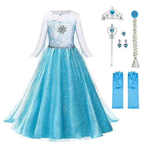 URAQT ELSA Mädchen Prinzessin Kostüm, ELSA Kinder Kleid 6-teiliges Set mit Krone Diadem Handschuhe Zauberstab usw für Weihnachten Verkleidung Karneval Halloween, Größe 100 von URAQT