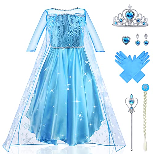 URAQT ELSA Kostüm Kinder Mädchen, 9-teiliges Set ELSA Kleid Kinder mit Krone Diadem Handschuhe Zauberstab für Weihnachten Verkleidung Karneval Halloween Geburtstag Party(100) von URAQT