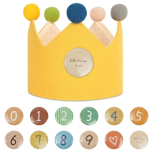 URAQT Geburtstagskrone Kinder, Geburtstagskrone Stoff, Geburtstag Kinderkrone, Krone Geburtstag für Jungs Mädchen mit Happy Birthday Spruchband und Auswechselbaren Zahlen von 0-9 (Gelb) von URAQT