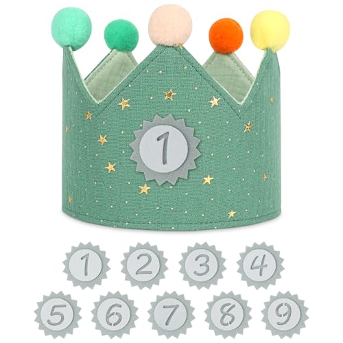 URAQT Geburtstagskrone Kinder, Geburtstagskrone Stoff, Geburtstag Kinderkrone, Krone Geburtstag für Jungs Mädchen mit Happy Birthday Spruchband und Auswechselbaren Zahlen von 1-9 (Hellgrün) von URAQT