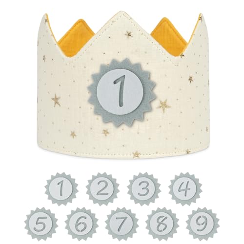 URAQT Geburtstagskrone Kinder, Geburtstagskrone Stoff, Geburtstag Kinderkrone, Krone Geburtstag für Jungs Mädchen mit Happy Birthday Spruchband und Auswechselbaren Zahlen von 1-9 (Weiß) von URAQT