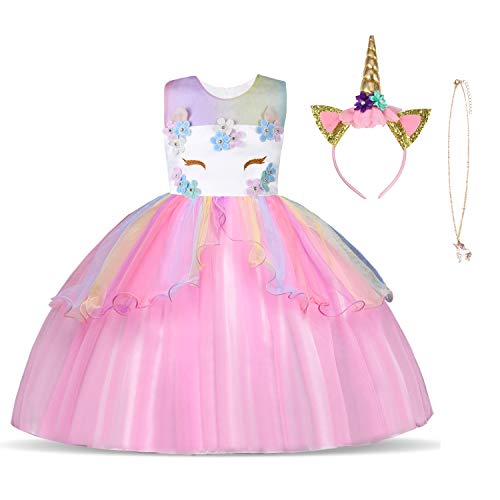 URAQT Kinder Einhorn Kostüm Kleid, Mädchen Einhorn Rock, Blumen Mädchen Ärmellos Partykleid, Geburtstagskleid Festkleid, Fasching Karneval Verkleidung mit Unicorn Outfit Set, 110cm（Rosa-B） von URAQT