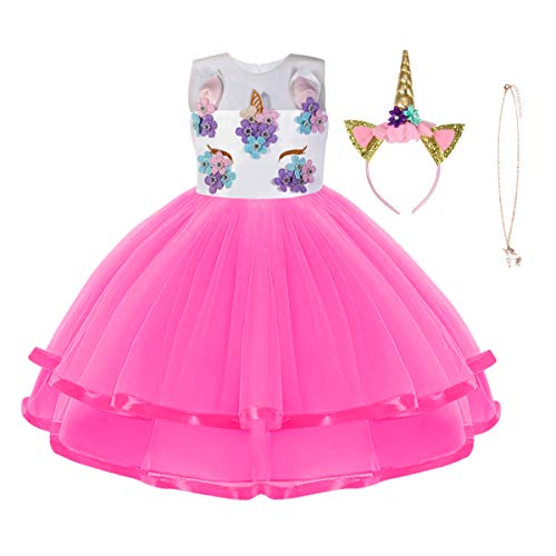 URAQT Kinder Einhorn Kostüm Kleid, Mädchen Einhorn Rock, Blumen Mädchen Ärmellos Partykleid mit Geburtstagskleid Festkleid Einhornhalskette und Einhornhaarband, 110cm, Rose Red von URAQT