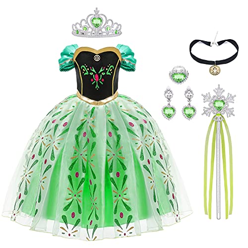URAQT Mädchen Anna Kostüm Kleid, Kinder Prinzessin Kostüm für Karneval Party Cosplay Verkleidung Halloween Fest Geburtstag, mit Zubehör Krone Zauberstab,100CM von URAQT