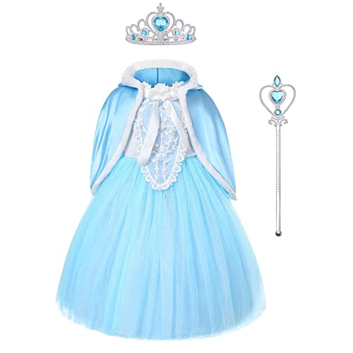 URAQT Mädchen Kostüm ELSA Kleid mit Umhang, Kinder Prinzessin Kleid Cosplay Kostüme, Kinder Verkleidung Party Weihnachten Halloween Fest, mit Elsa Krone Zauberstab (130) von URAQT