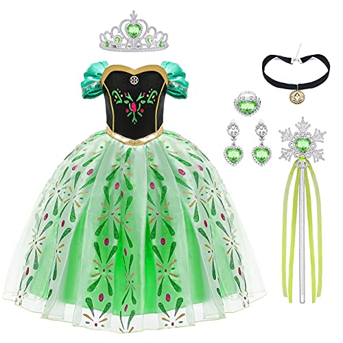 URAQT Mädchen Kostüm Kleid, Kinder Prinzessin Kostüm für Karneval Party Cosplay Verkleidung Halloween Fest Geburtstag, mit Zubehör Krone Zauberstab, 100CM von URAQT