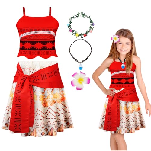 URAQT Mädchen Moanna Prinzessinnenkleid, Cosplay Karneval Verkleidung Party Prinzessin Kleid mit Kinder Zubehör Halskette Blumenreife Haarspange Oberteil+Rock (150cm) von URAQT