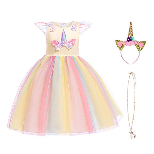 URAQT Mädchen Prinzessin Kleid, Mädchen Einhorn Cosplay Karneval Verkleidung Party Hochzeit Prinzessin Kleid mit Halskette und Stirnband, 100CM, Gelb von URAQT