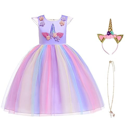 URAQT Mädchen Prinzessin Kleid, Mädchen Einhorn Cosplay Karneval Verkleidung Party Hochzeit Prinzessin Kleid mit Halskette und Stirnband, 100CM, Lila von URAQT