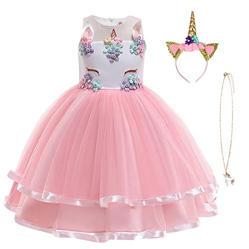 URAQT Mädchen Prinzessin Kleid, Mädchen Einhorn Cosplay Karneval Verkleidung Party Hochzeit Prinzessin Kleid mit Halskette und Stirnband, 100CM, Rosa von URAQT