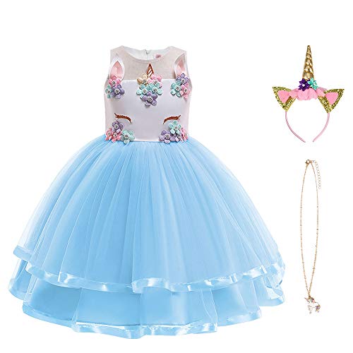 URAQT Mädchen Prinzessin Kleid, Mädchen Einhorn Cosplay Karneval Verkleidung Party Hochzeit Prinzessin Kleid mit Halskette und Stirnband, 110CM, Blau von URAQT