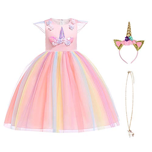 URAQT Mädchen Prinzessin Kleid, Mädchen Einhorn Cosplay Karneval Verkleidung Party Hochzeit Prinzessin Kleid mit Halskette und Stirnband, 130CM, Rosa&Gelb von URAQT