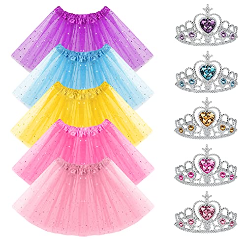 URAQT Mädchen Tutu Rock, 5 Stück Mädchen Prinzessin Kleid Ballettrock, Cosplay Kostüme Kinder mit 5 Stück Krone für Halloween Karneval Geburtstag Party (3-8 Jahre) von URAQT
