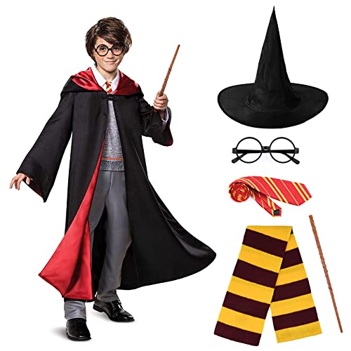 URAQT Magier Robe, Kostüm Kinder für Jungen Mädchen, mit Umhang Zauberstab Brille Zauberhut Schal Krawatte, Halloween Zauberer Kostüm für Cosplay Karneval Verkleidung Party(125CM) von URAQT