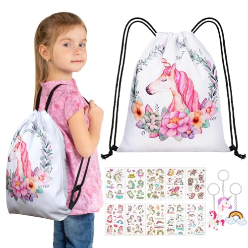 URAQT Turnbeutel Kindergarten, Einhorn Unicorn Turnbeutel Rucksack, Kids Turnbeutel, Sticker, Armbänder als Partygeschenk (A) von URAQT