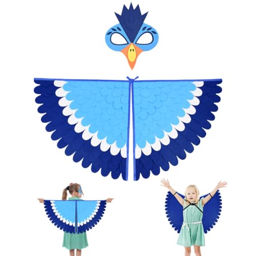 URAQT Vogelflügel Kostüm Kinder, Blauer Nashornvogel Flügel Umhang mit Filzaugen Maske Set, Buntes Nashornvogel Verkleiden für Jungen Mädchen, Halloween Karneval Cosplay Party von URAQT