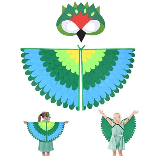 URAQT Vogelflügel Kostüm Kinder, Grüner Papagei Flügel Umhang mit Filzaugen Maske Set, Buntes Papagei Verkleiden für Jungen Mädchen, Halloween Karneval Cosplay Party von URAQT