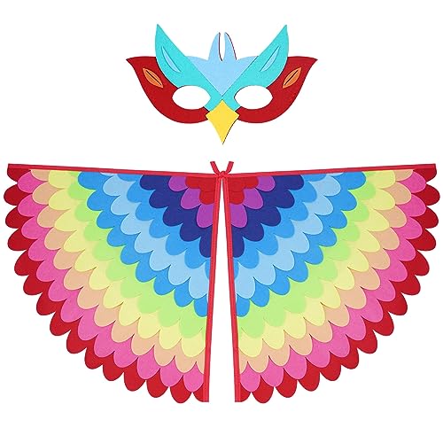 URAQT Vogelflügel Kostüm Kinder, Irisierend Flügel Umhang mit Filzaugen Maske Set, Buntes Vogeleule Verkleiden für Jungen Mädchen, Vogelkostümkinder Halloween Karneval Cosplay Party von URAQT