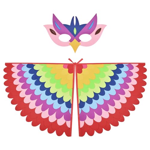 URAQT Vogelflügel Kostüm Kinder, Rosa Flügel Umhang mit Filzaugen Maske Set, Vogeleule Verkleiden für Jungen Mädchen, Vogelkostümkinder Halloween Karneval Cosplay Party von URAQT