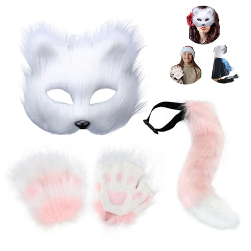 Halloween Kunstpelz Fuchsschwanz Fuchs Maske und Pfoten Handschuhe Set,Tierschwanz Pelzige Katze Fuchs Maske Plüsch Fuchs Cosplay Kostüme Wolfsschwanz Fuchsschwanz für Erwachsene Cosplay Rollenspiele von URFEDA