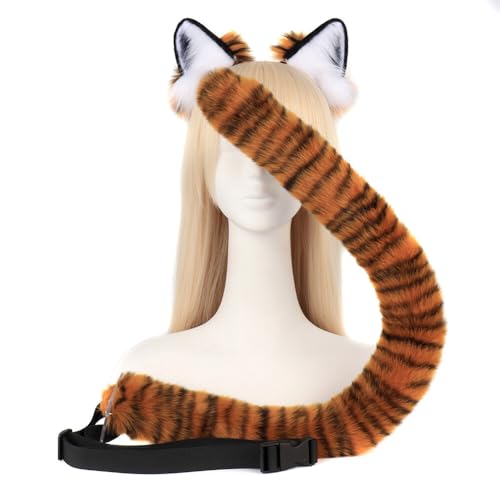 URFEDA Handgemachte Tiger Katze Ohren Schwanzset, Katze Ohr Stirnband Tiger Ohren Schwanz Tiger Tier Cosplay Faux Furry Ohr Langer Schwanz Plüsch Anime Tier Stirnband Schwanz für Cosplay Party von URFEDA