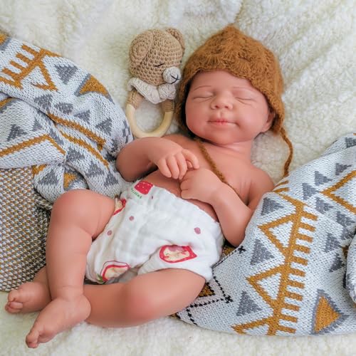 18 Zoll lebensechte Reborn-Babypuppe aus Silikon, handgefertigter neugeborener Junge aus Silikon, anatomisch korrekt schlafendes Neugeborenes als Geschenk für ältere Begleiter (Junge-Hellbraun) von URMLHNRZ