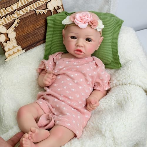 URMLHNRZ 17 Zoll große realistische Babypuppe aus Silikon – lebensechtes, wiedergeborenes Babymädchen mit vollem Körper, perfekt für die Gesellschaft älterer Menschen und Kinder von URMLHNRZ