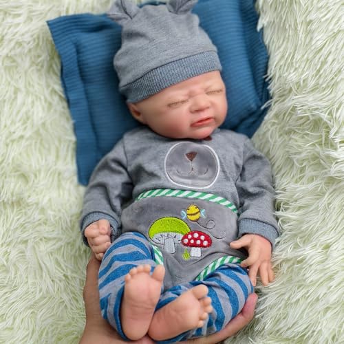 URMLHNRZ 17 Zoll lebensechte Reborn-Babypuppe – 6,3 Pfund schwere Ganzkörper-Silikon-Babypuppen, realistisches stirnrunzelndes schlafendes Neugeborenes für Kleinkinder von URMLHNRZ