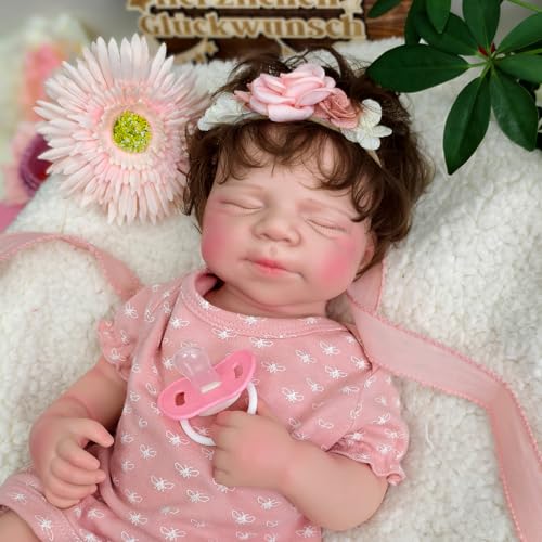 URMLHNRZ 18,5 Zoll große realistische Silikon-Babypuppe für Mädchen – lebensechtes schlafendes Neugeborenes mit handgewurzeltem Haar, weiche und süße Reborn-Babypuppe von URMLHNRZ