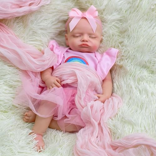 URMLHNRZ 18 Zoll Reborn-Mädchen aus weichem Silikon – Ganzkörper-Silikon-Babypuppe, Mädchen, realistische Neugeborenenpuppe, schlafendes Baby und lebensechtes Gewicht, Geschenk für Kinder ab 3 Jahren von URMLHNRZ